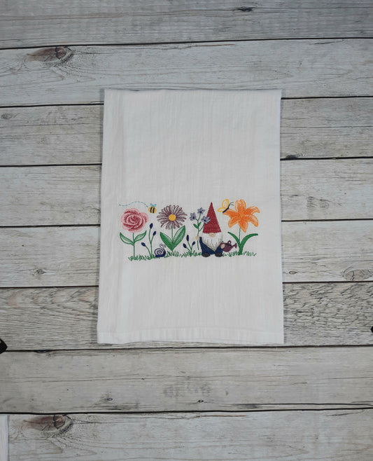 Gnome Dish Towel, Embroidered Flour Sack Towel