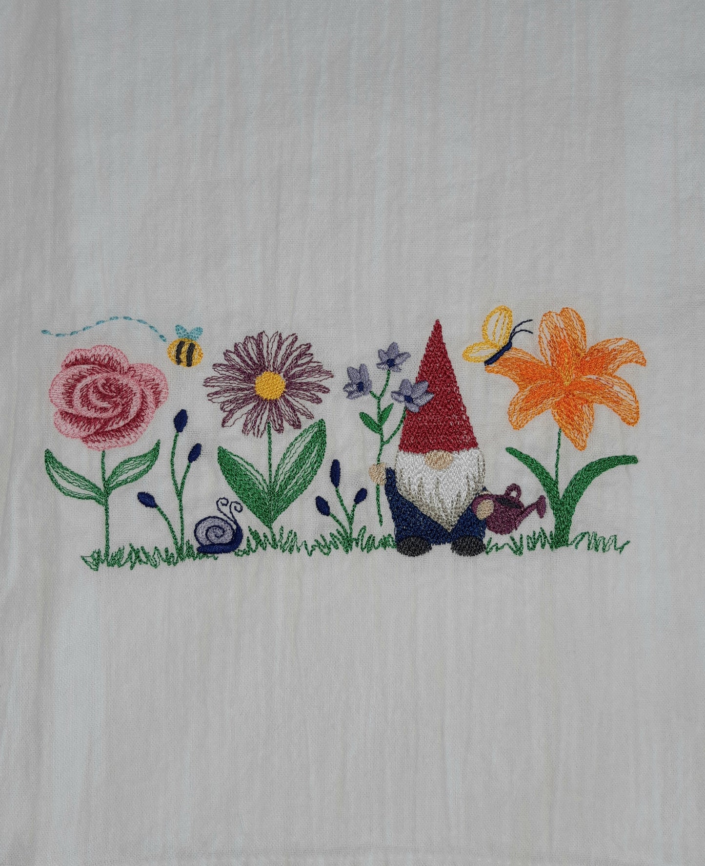 Gnome Dish Towel, Embroidered Flour Sack Towel