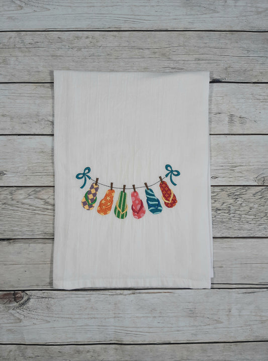 Flip Flop Tea Towel, Embroidered Flour Sack Towel