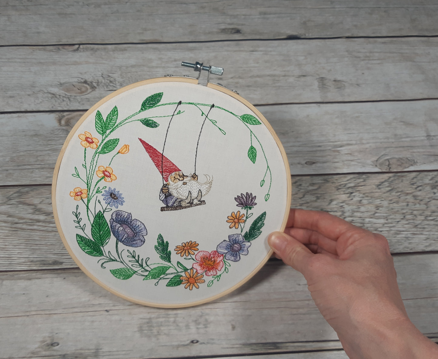 Embroidered Hoop Art, 8 inch hoop, Gnome Decor