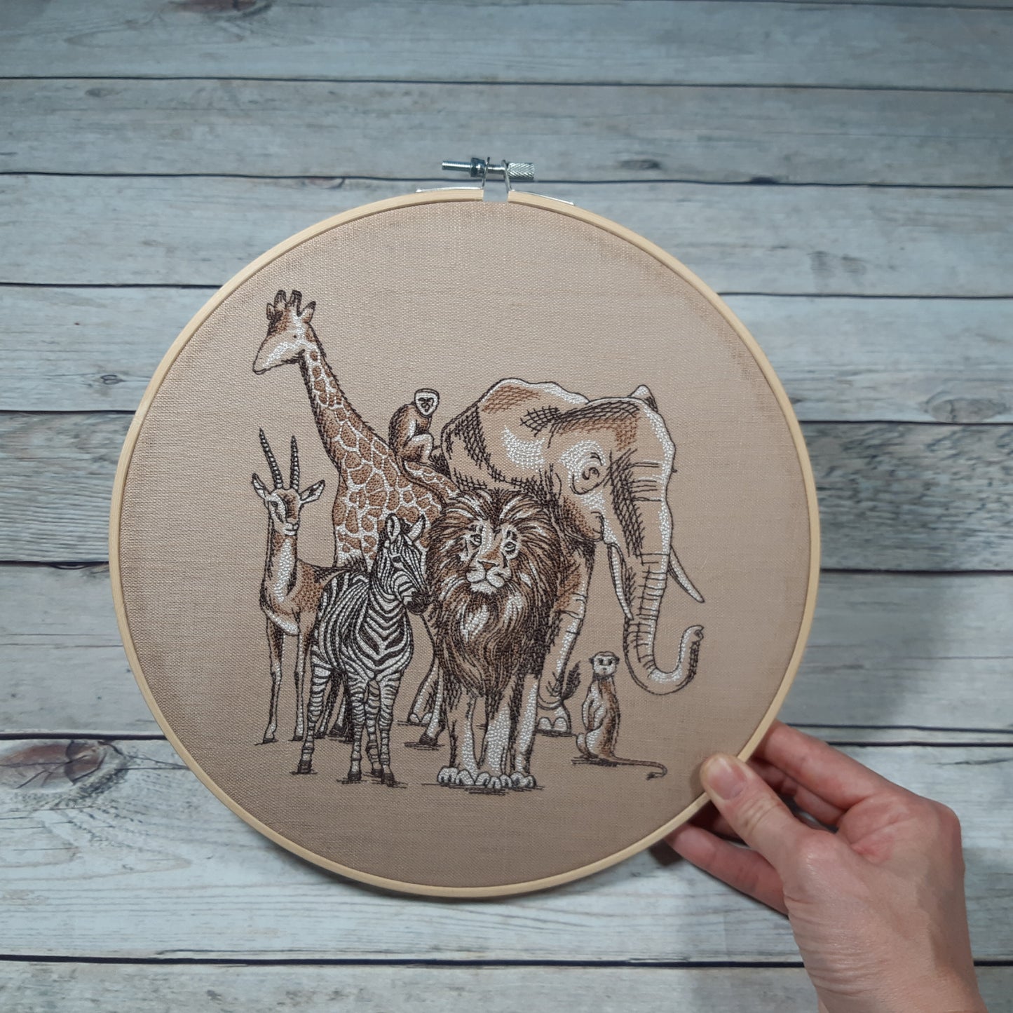 Safari Animal Hoop Art, Embroidered Wall Art, 10 Inch Hoop