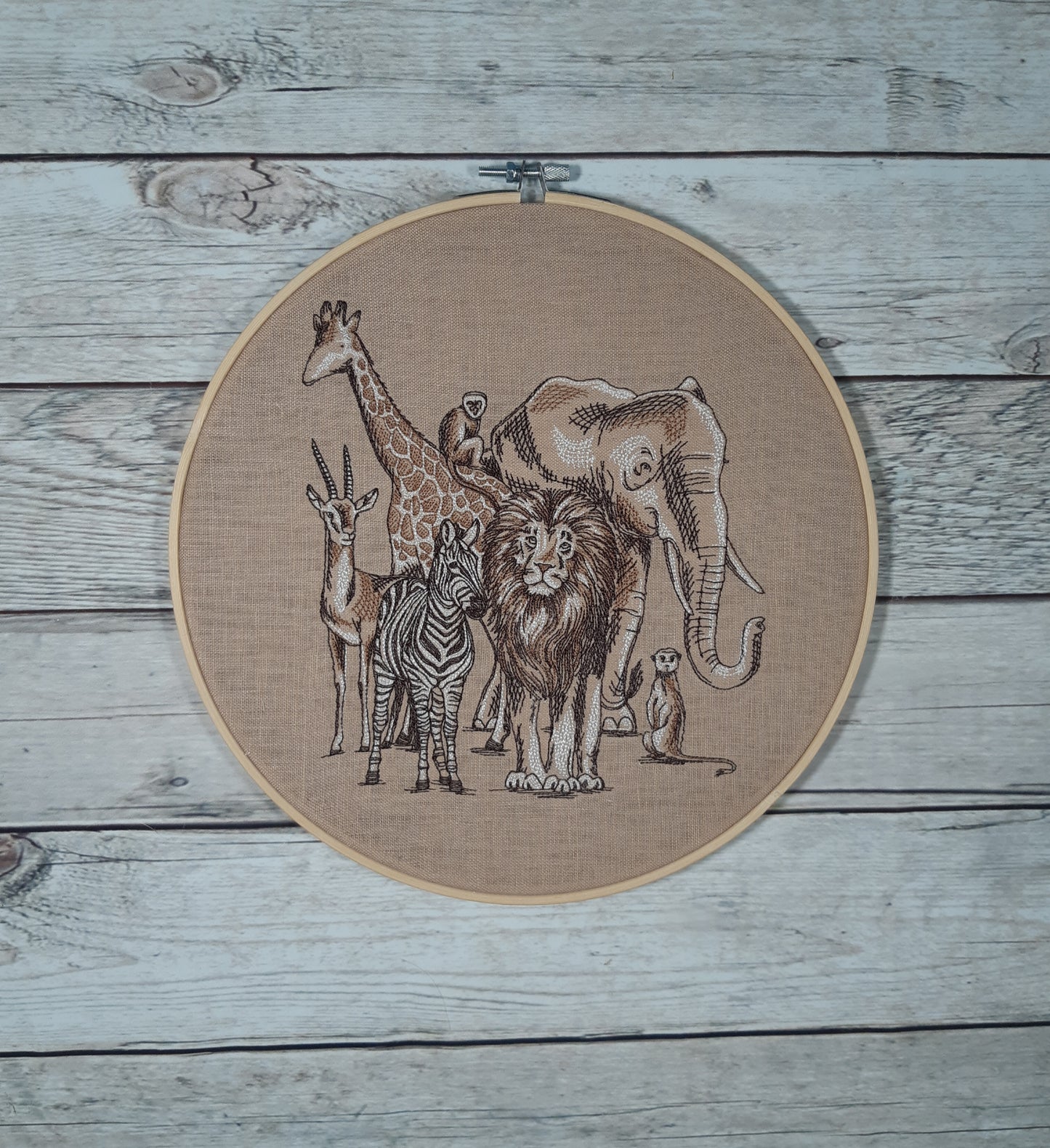 Safari Animal Hoop Art, Embroidered Wall Art, 10 Inch Hoop