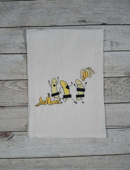 Streaking Bananas Funny Tea Towel, Embroidered Dish Towel, White Flour Sack Towel