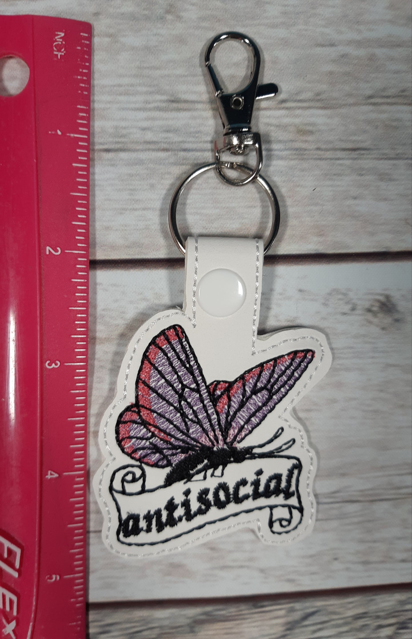 Antisocial Butterfly Keychain, Butterfly Vinyl Snap tab, Funny Embroidered Bag Clip, Stocking Stuffer, Backpack Clip