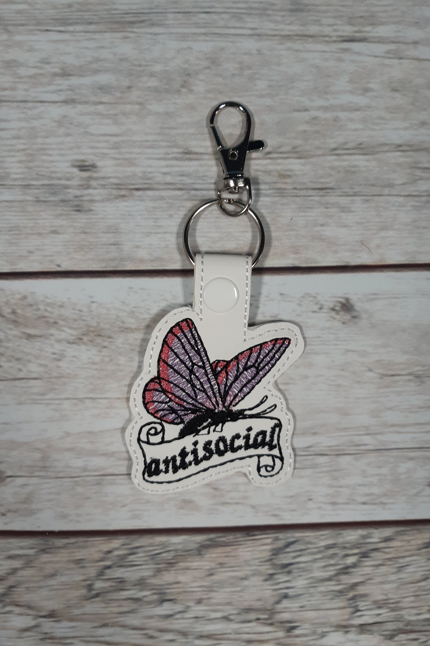 Antisocial Butterfly Keychain, Butterfly Vinyl Snap tab, Funny Embroidered Bag Clip, Stocking Stuffer, Backpack Clip