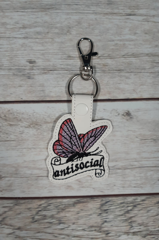 Antisocial Butterfly Keychain, Butterfly Vinyl Snap tab, Funny Embroidered Bag Clip, Stocking Stuffer, Backpack Clip