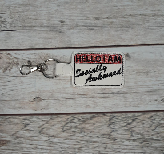 Socially Awkward Keychain,  Vinyl Snap tab, Funny Embroidered Bag Clip, Stocking Stuffer, Backpack Clip