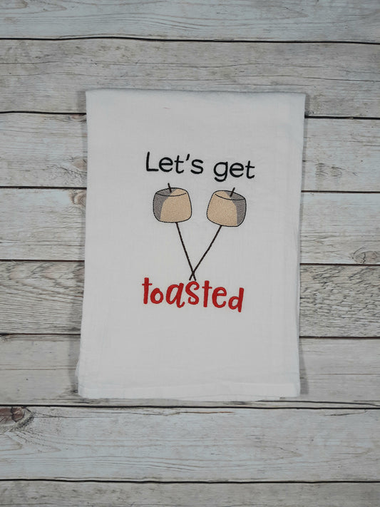 Embroidered Flour Sack Tea Towel, Let's Get Toasted, Camping Dish Towel