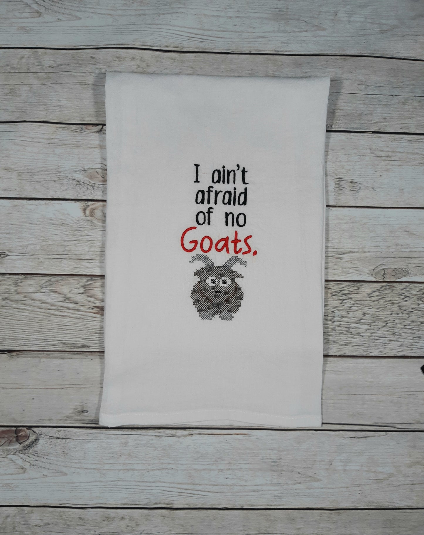 Funny Goat Towel, Embroidered Flour Sack Towel, Goat Kitchen Towel