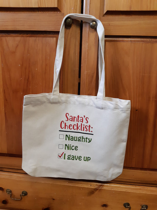 Funny Christmas Tote Bag, Embroidered Canvas Bag, Santa's Checklist