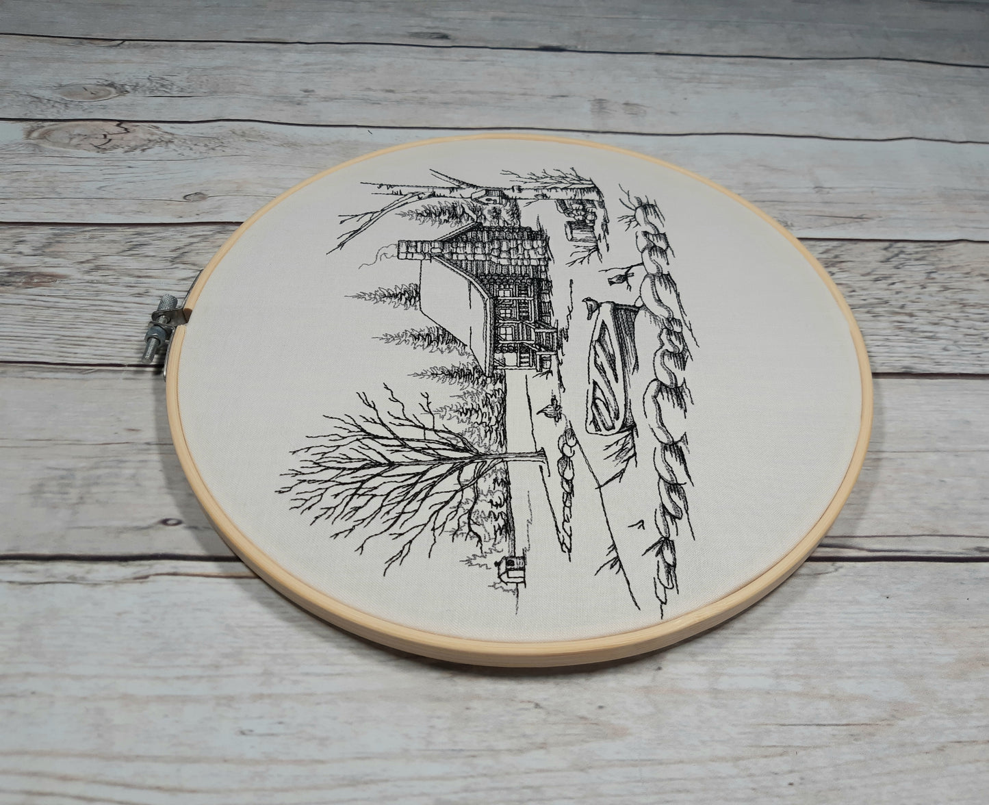 Embroidered Winter Cottage Scene, 10 inch Hoop, Winter Wall Art