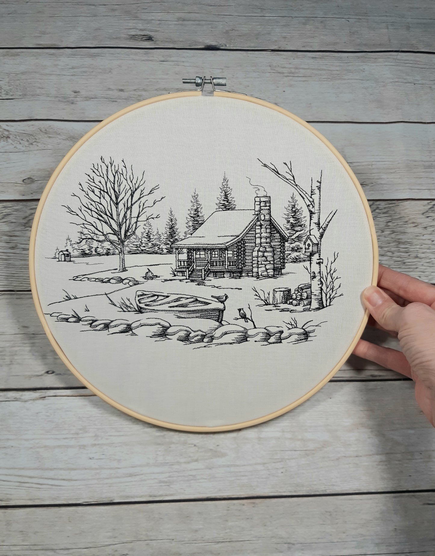 Embroidered Winter Cottage Scene, 10 inch Hoop, Winter Wall Art