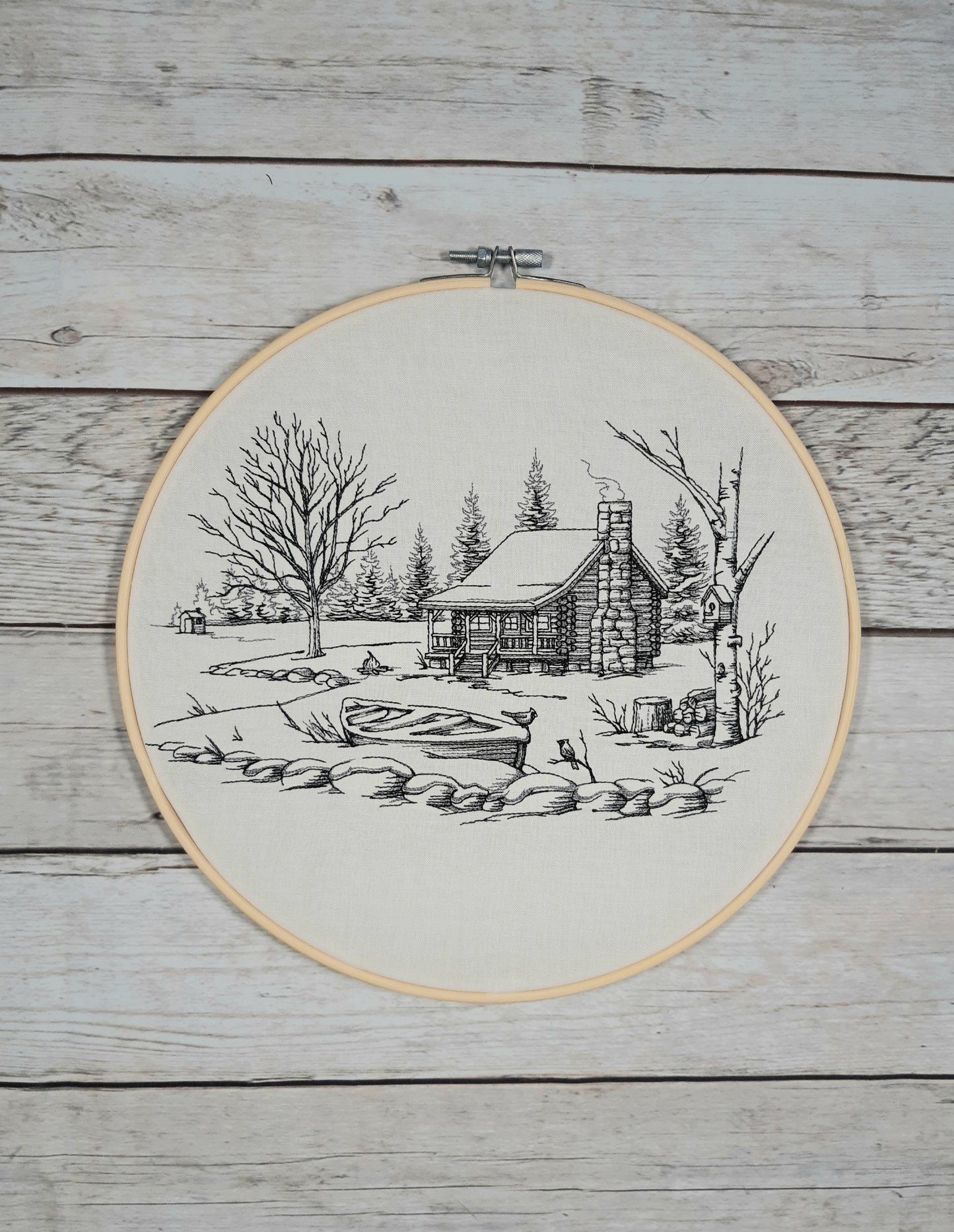 Embroidered Winter Cottage Scene, 10 inch Hoop, Winter Wall Art