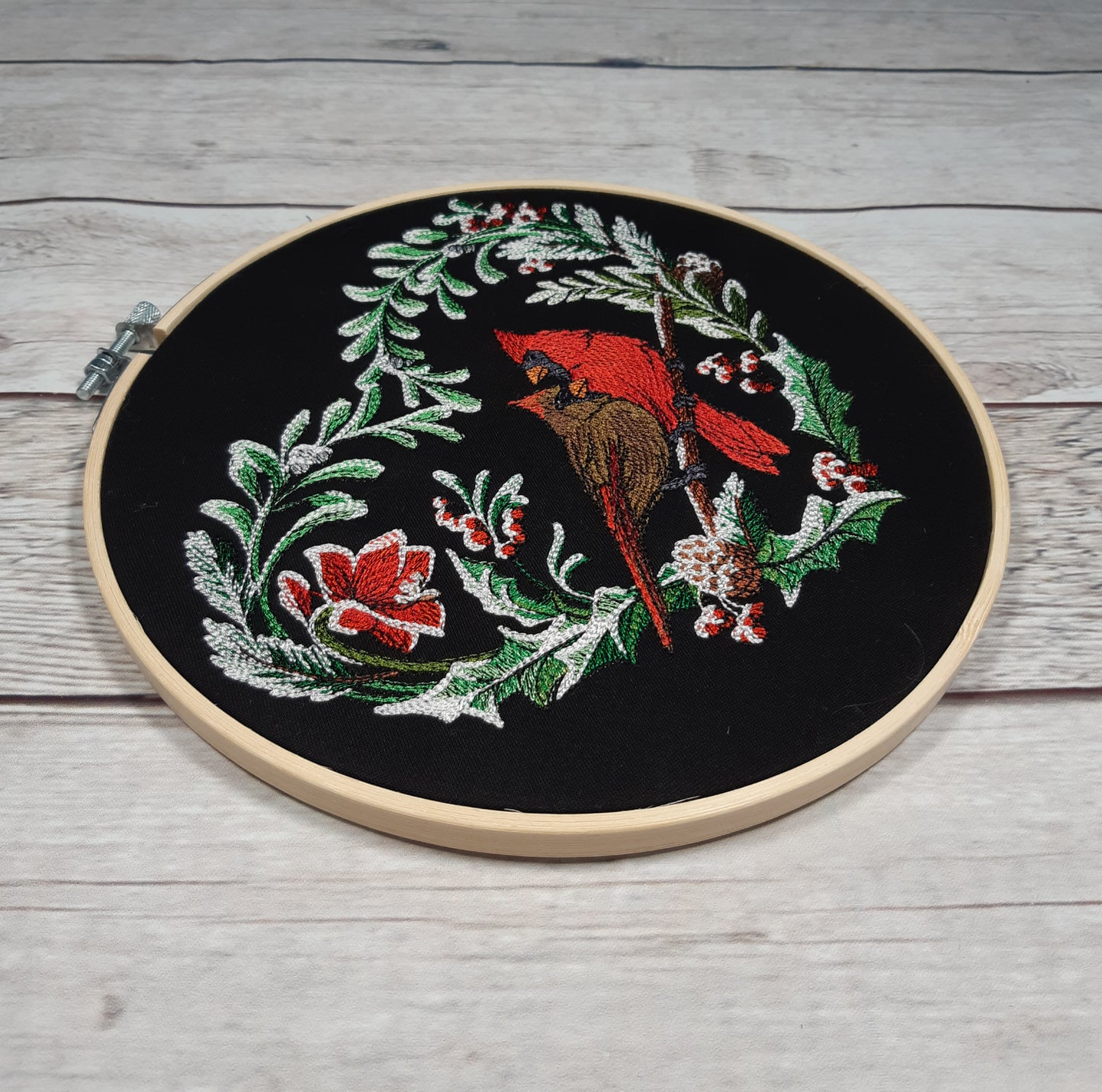 Embroidered Cardinal Wall Art, Winter Decoration, 8 inch hoop