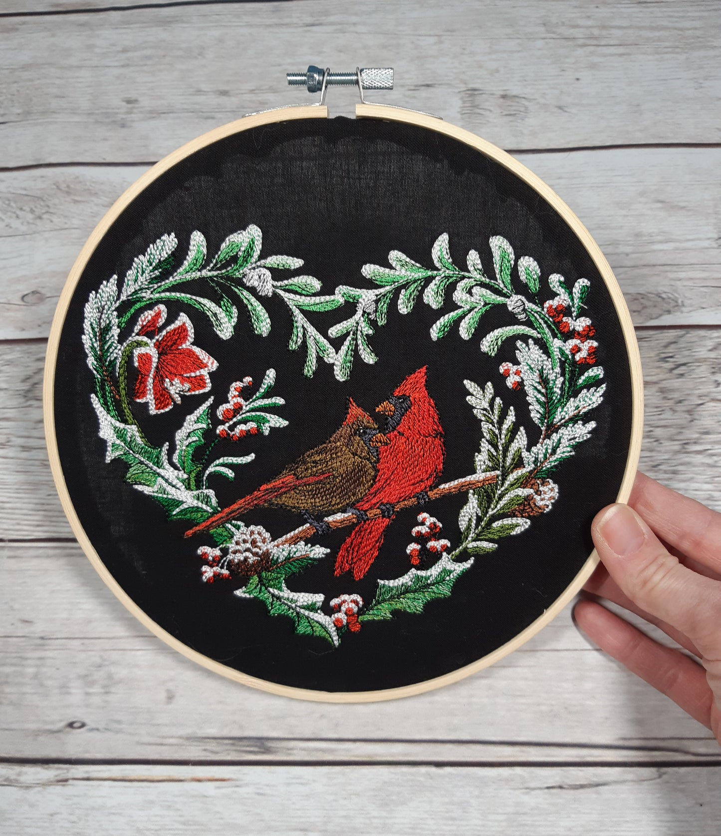 Embroidered Cardinal Wall Art, Winter Decoration, 8 inch hoop