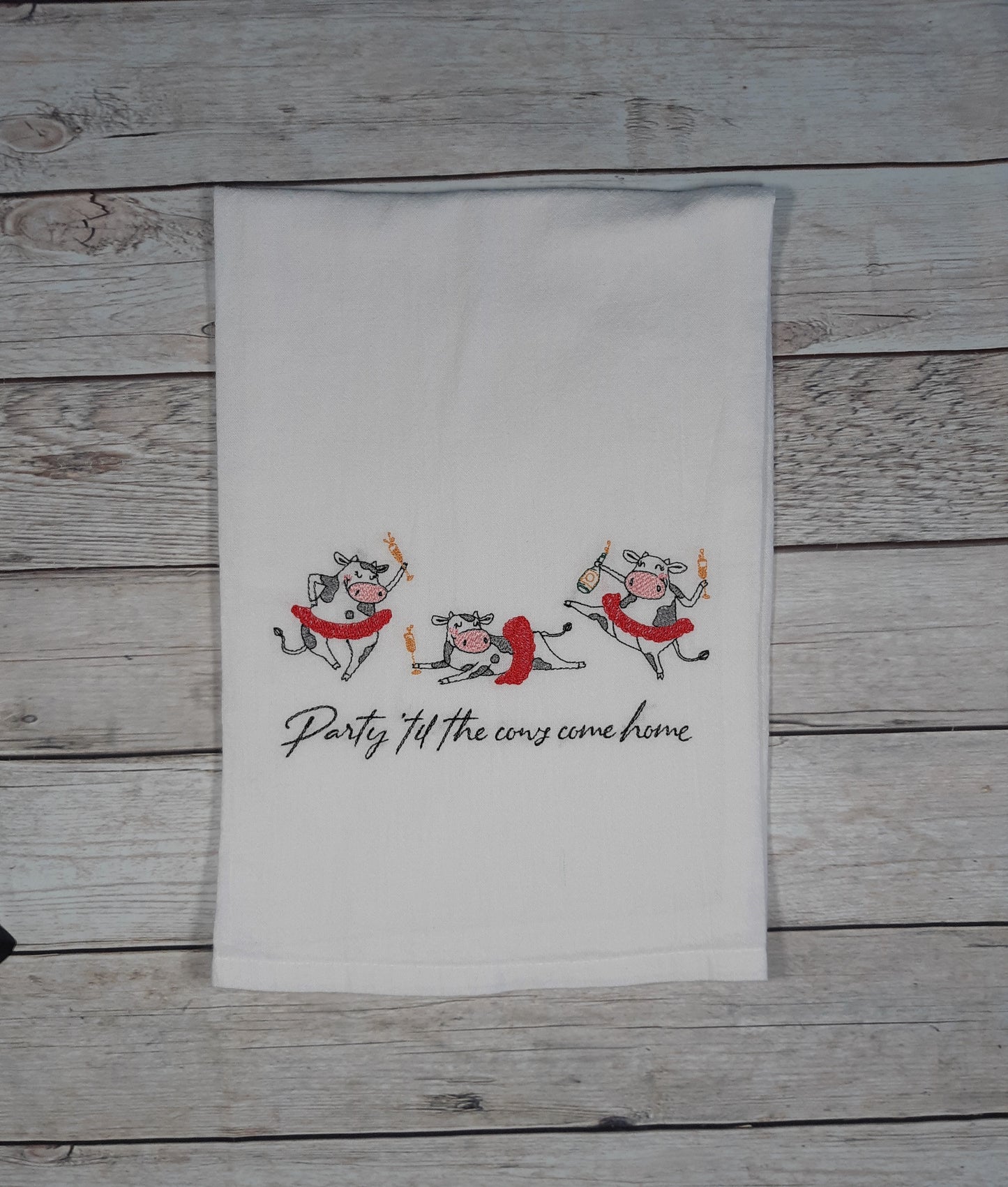 Embroidered Tea Towel, Funny Cow Dish Towel, Flour Sack Kitchen Tea Towel