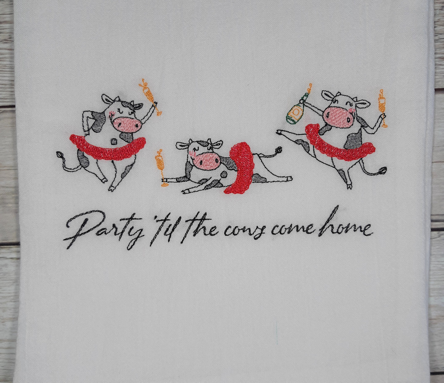 Embroidered Tea Towel, Funny Cow Dish Towel, Flour Sack Kitchen Tea Towel