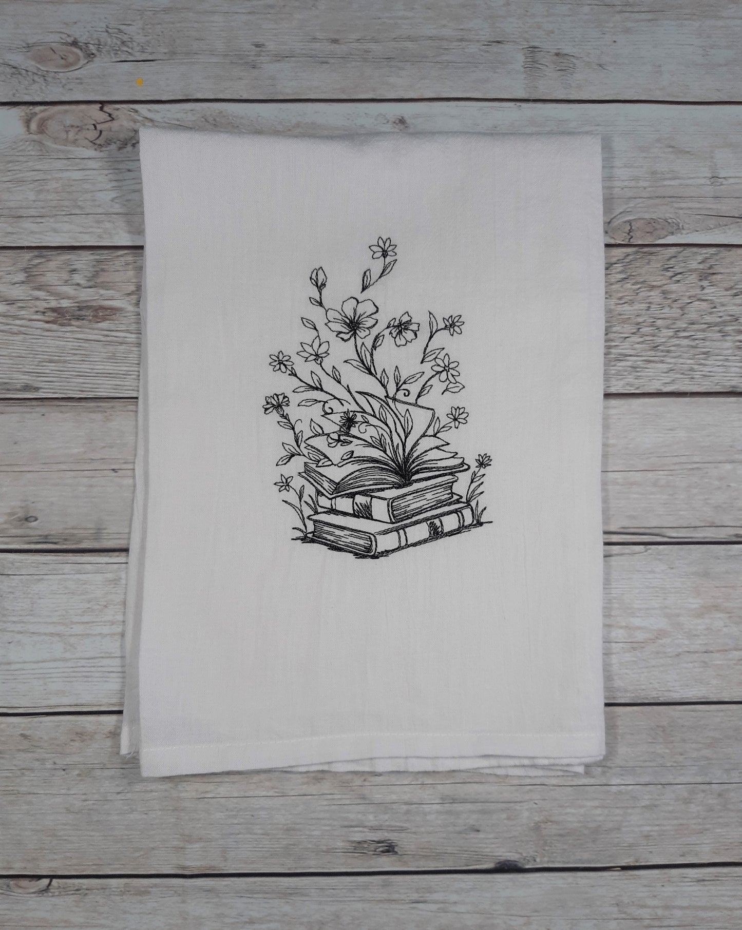 Embroidered Tea Towel, Flour Sack Kitchen Tea Towel, Gift for Book Lover