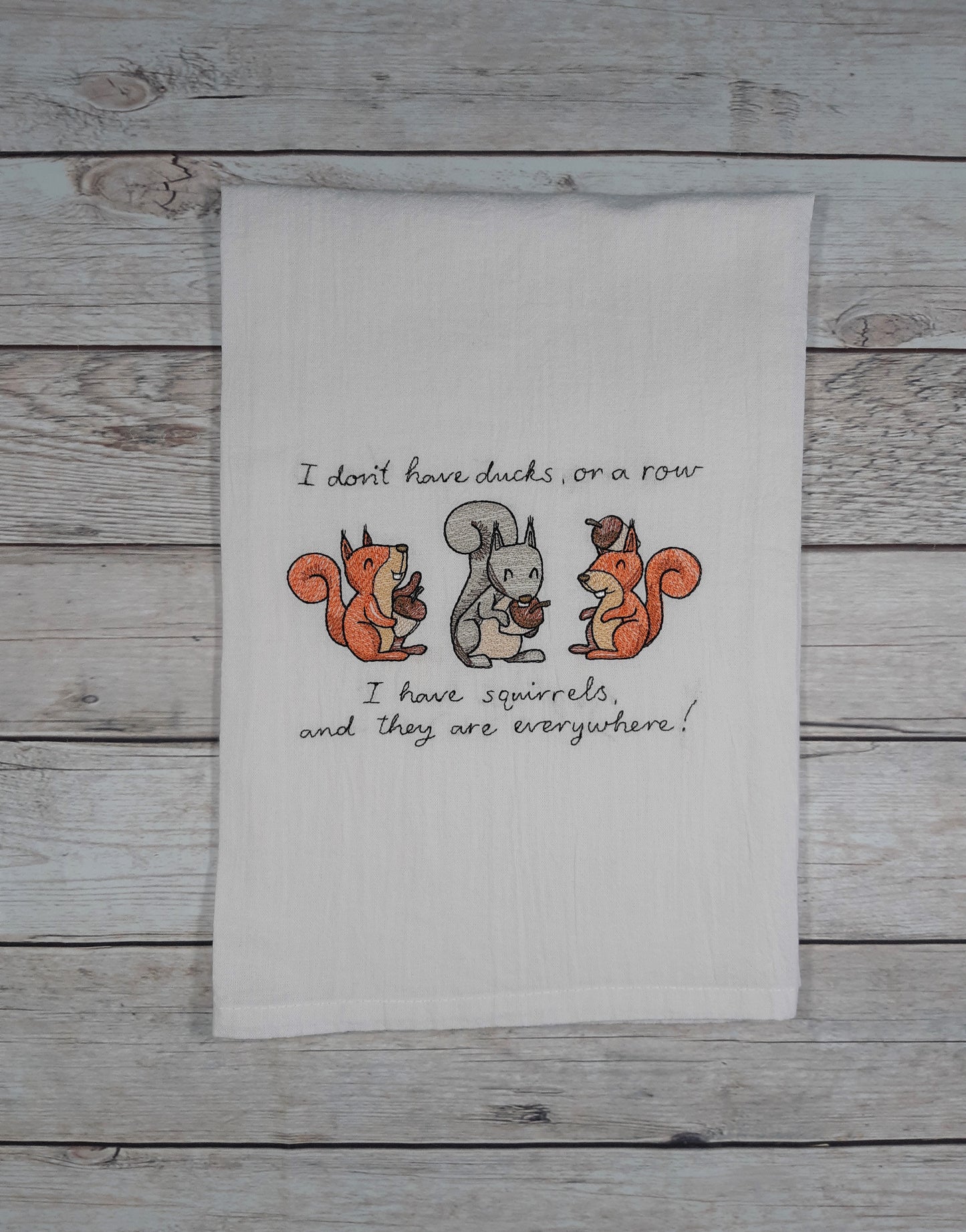 Embroidered Tea Towel, Flour Sack Kitchen Tea Towel, Funny Squirrel Dish Towel