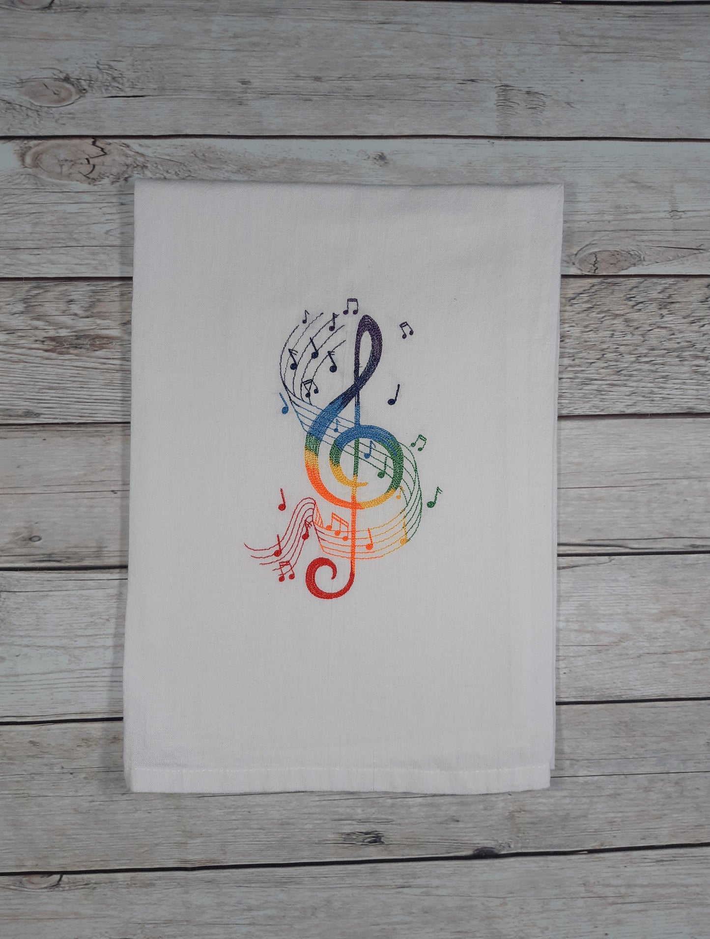 Embroidered Tea Towel, Music Note Tea Towel, Flour Sack Kitchen Tea Towel, Gift for music lover