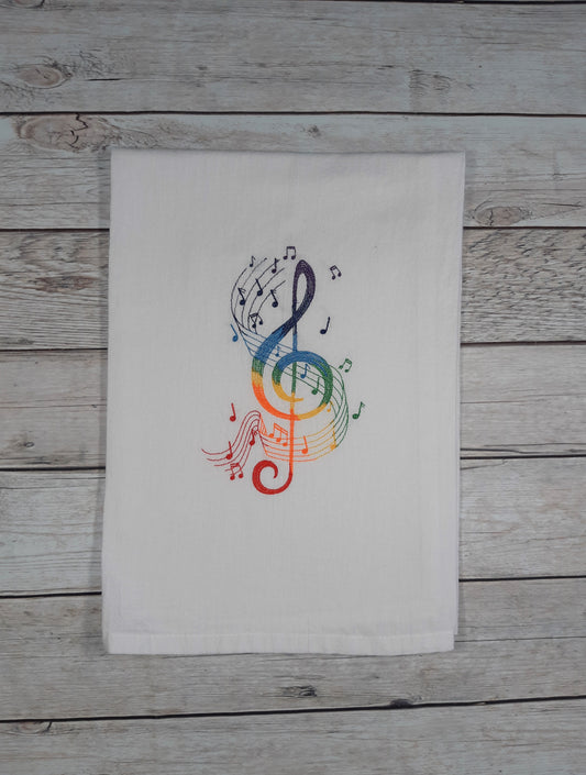 Embroidered Tea Towel, Music Note Tea Towel, Flour Sack Kitchen Tea Towel, Gift for music lover