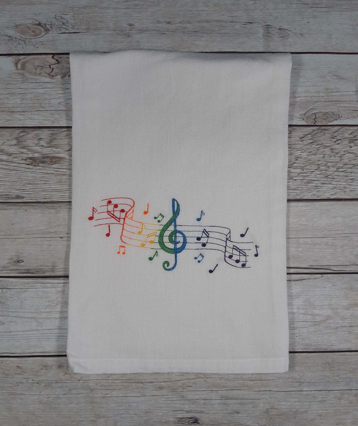 Embroidered Tea Towel, Flour Sack Kitchen Tea Towel, Music Note Dish Towel