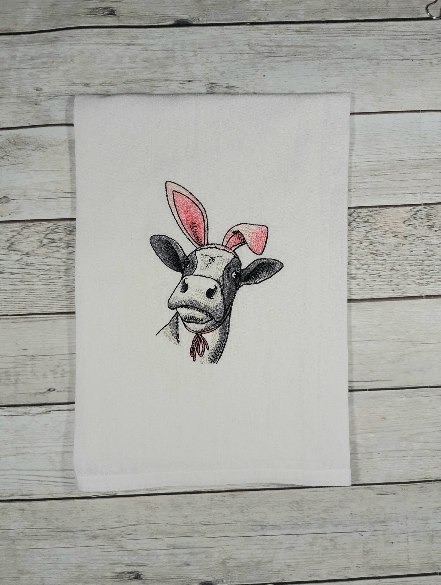 Easter Tea Towel, Cow Flour Sack Kitchen Tea Towel, Embroidered Cow Design Towel