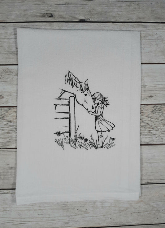 Horse Tea Towel, Flour Sack Kitchen Tea Towel, Embroidered Towel, Farmhouse Dish Towel