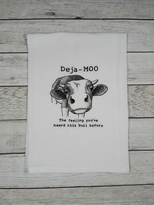 Funny Cow Tea Towel, Flour Sack Kitchen Tea Towel, Embroidered Bull Towel, Funny Dish Towel