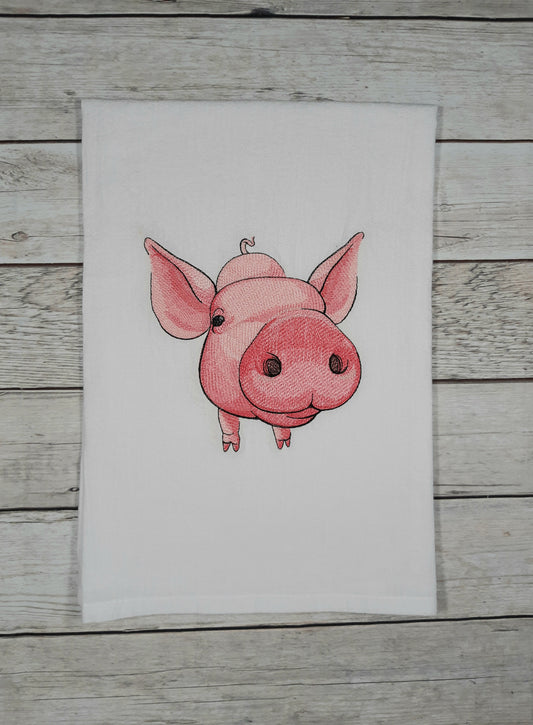 Pig Tea Towel, Flour Sack Kitchen Tea Towel, Embroidered Pig Towel, Funny Dish Towel