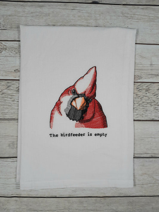 Cardinal Tea Towel, Flour Sack Kitchen Tea Towel, Embroidered Bird Towel, Funny Dish Towel, Cardinal Decor