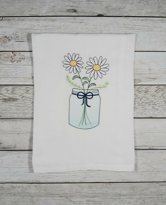 Daisy Tea Towel, Embroidered Dish Towel, Summer Decor, Flour Sack Towel