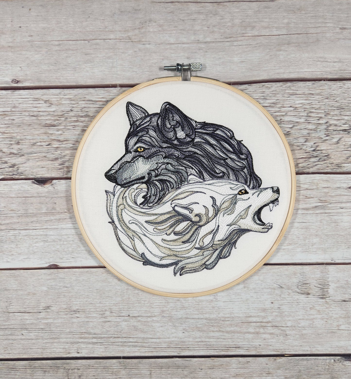 Wolf Wall Art, 8 inch hoop Embroidery, Wolf Hoop, Finished Embroidery, Embroidered Wall Hoop