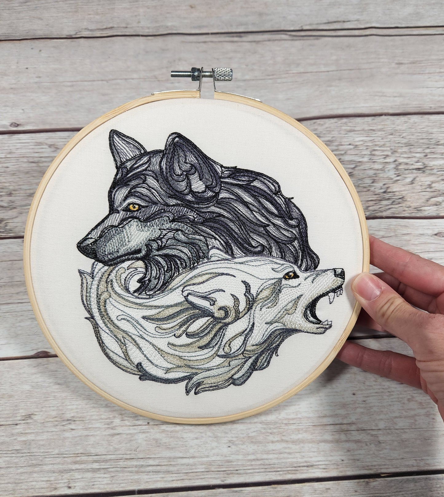 Wolf Wall Art, 8 inch hoop Embroidery, Wolf Hoop, Finished Embroidery, Embroidered Wall Hoop