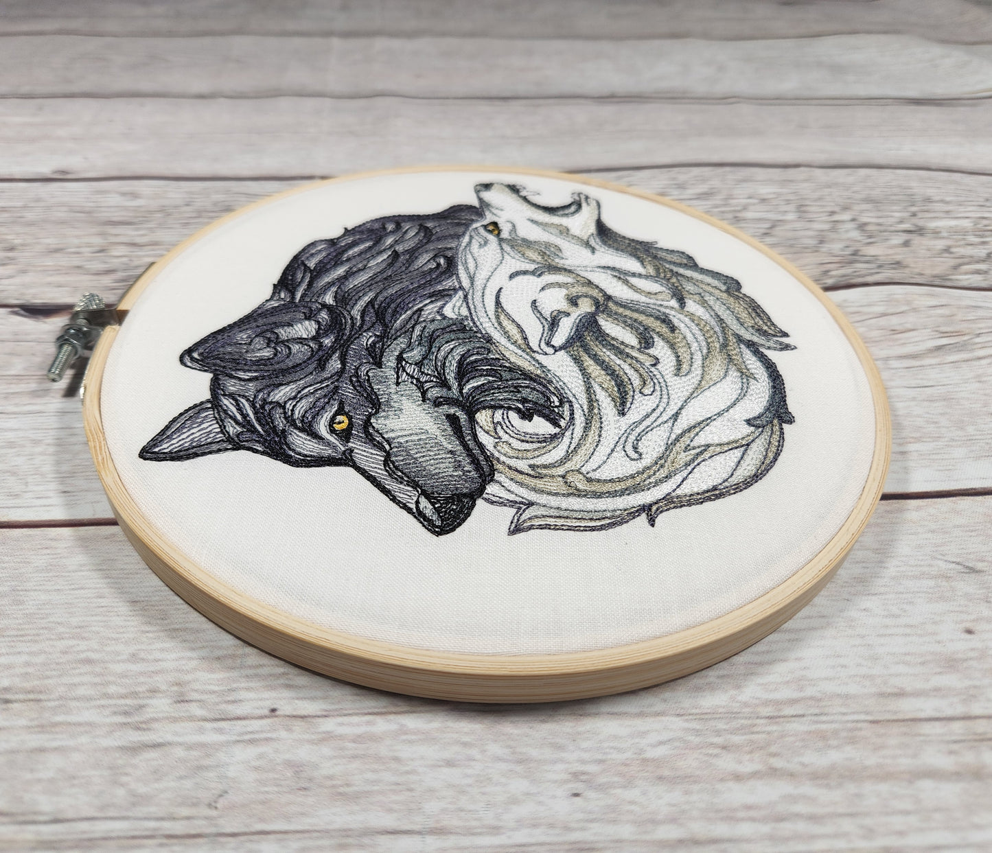 Wolf Wall Art, 8 inch hoop Embroidery, Wolf Hoop, Finished Embroidery, Embroidered Wall Hoop