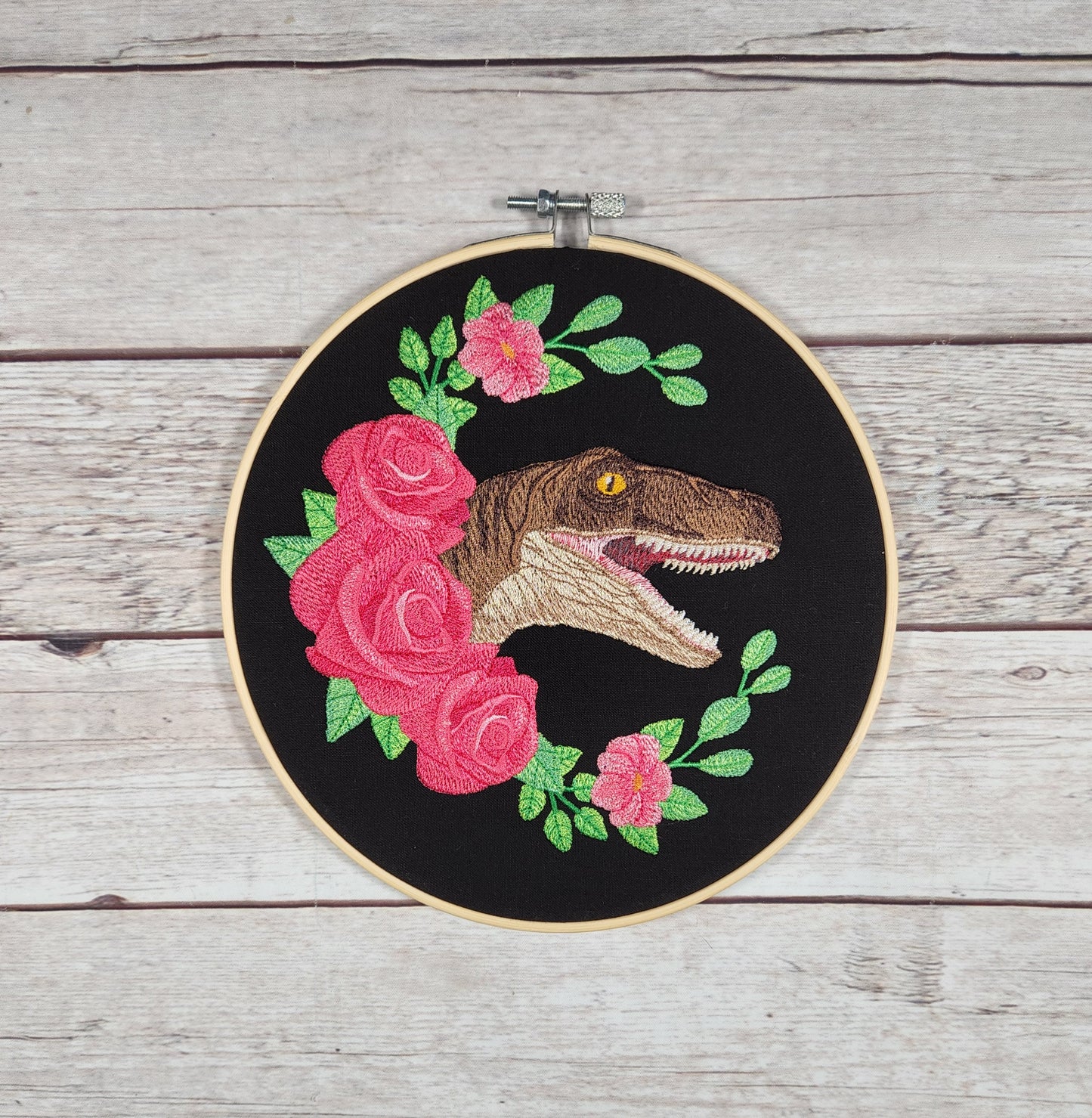 Dinosaur Wall Art, 8 inch hoop Embroidery, Dino Hoop, Finished Embroidery, Embroidered Wall Hoop