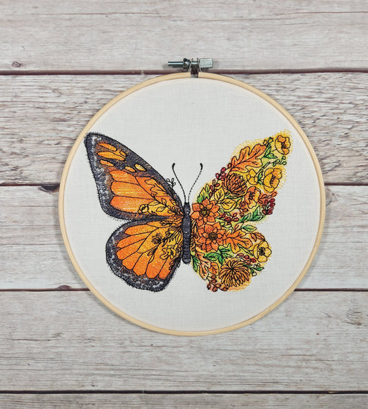 Butterfly Hoop, Fall Wall Art, 8 inch hoop Embroidery, Nature Hoop, Finished Embroidery, Autumn Wall Hoop