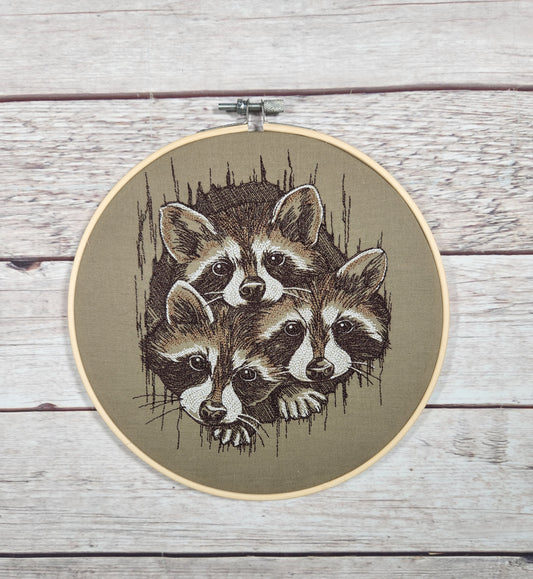 Raccoon Hoop, 8 inch hoop Embroidery,  Fall Wall Art, Nature Hoop, Finished Embroidery, Autumn Wall Hoop