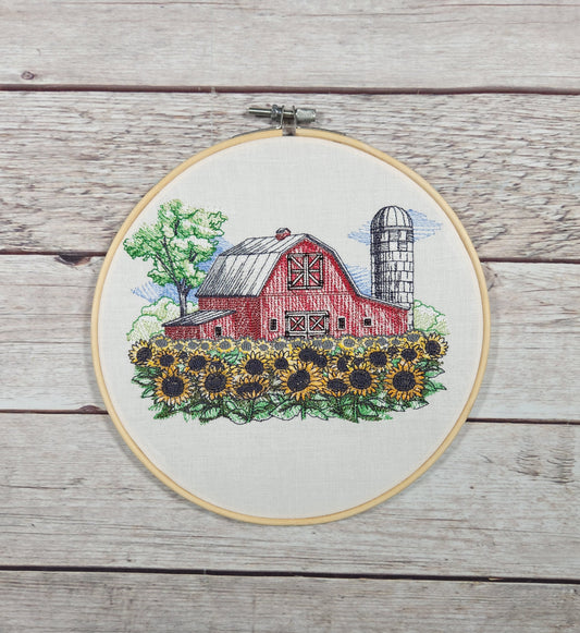 Barn and Sunflowers Wall Art, 8 inch hoop Embroidery, Farm Hoop, Finished Embroidery, Barn Wall Hoop