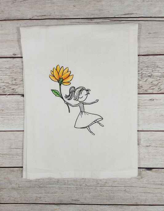 Embroidered Tea Towel, Flower Decor, Flour Sack Towel, Cotton Dish Towel, Housewarming Gift, Summer Kitchen Decor