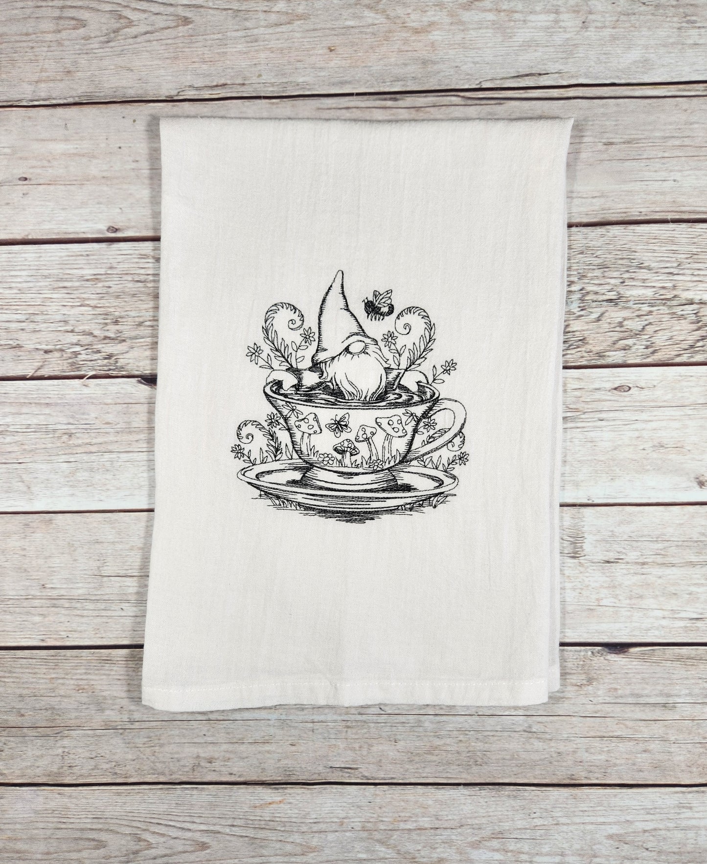 Embroidered Gnome Tea Towel, Gnome Decor, Flour Sack Towel, Cotton Dish Towel, Housewarming Gift