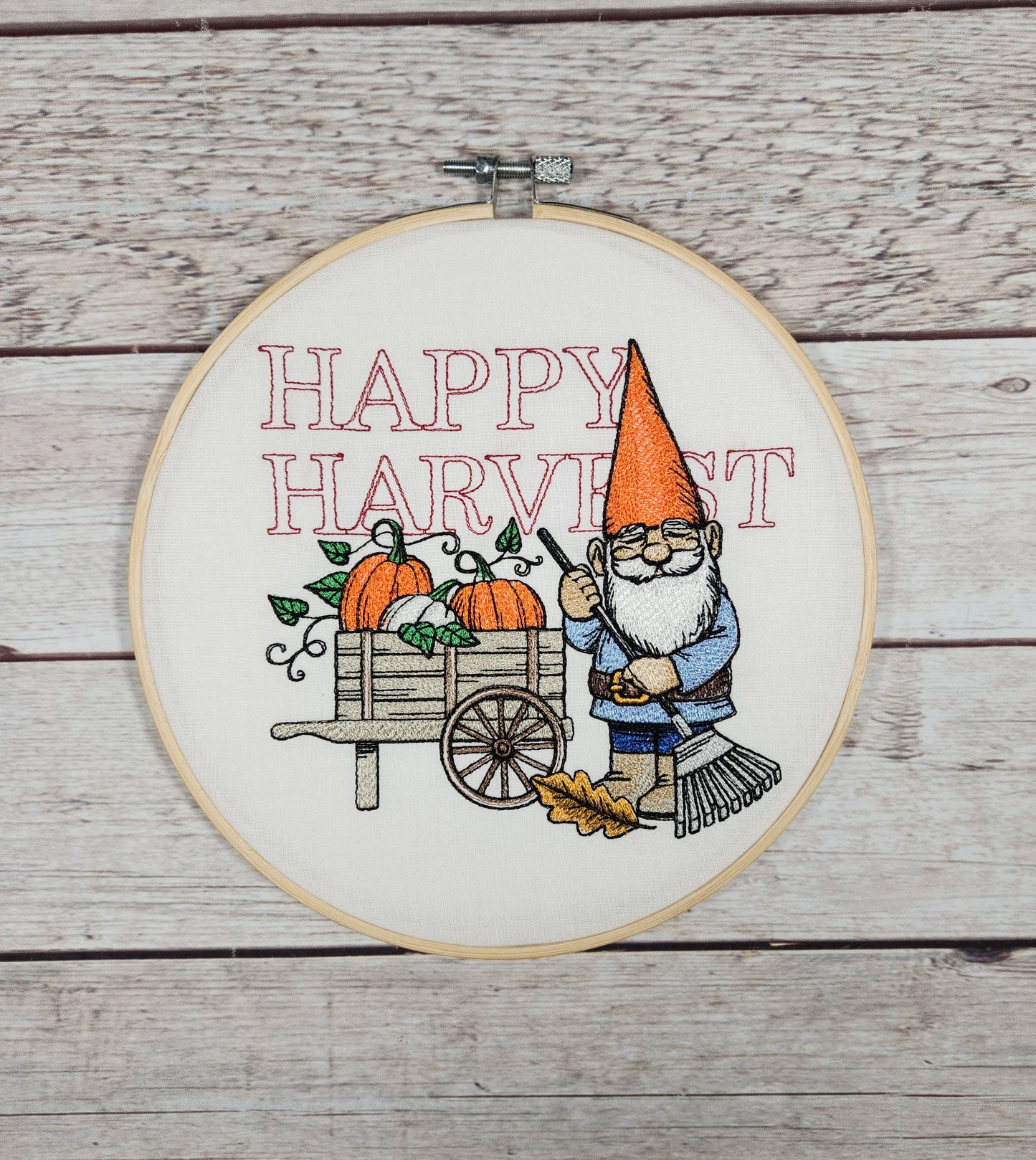 Finished Embroidery, Fall Decor, Embroidered hoop art, Gnome Wall Art