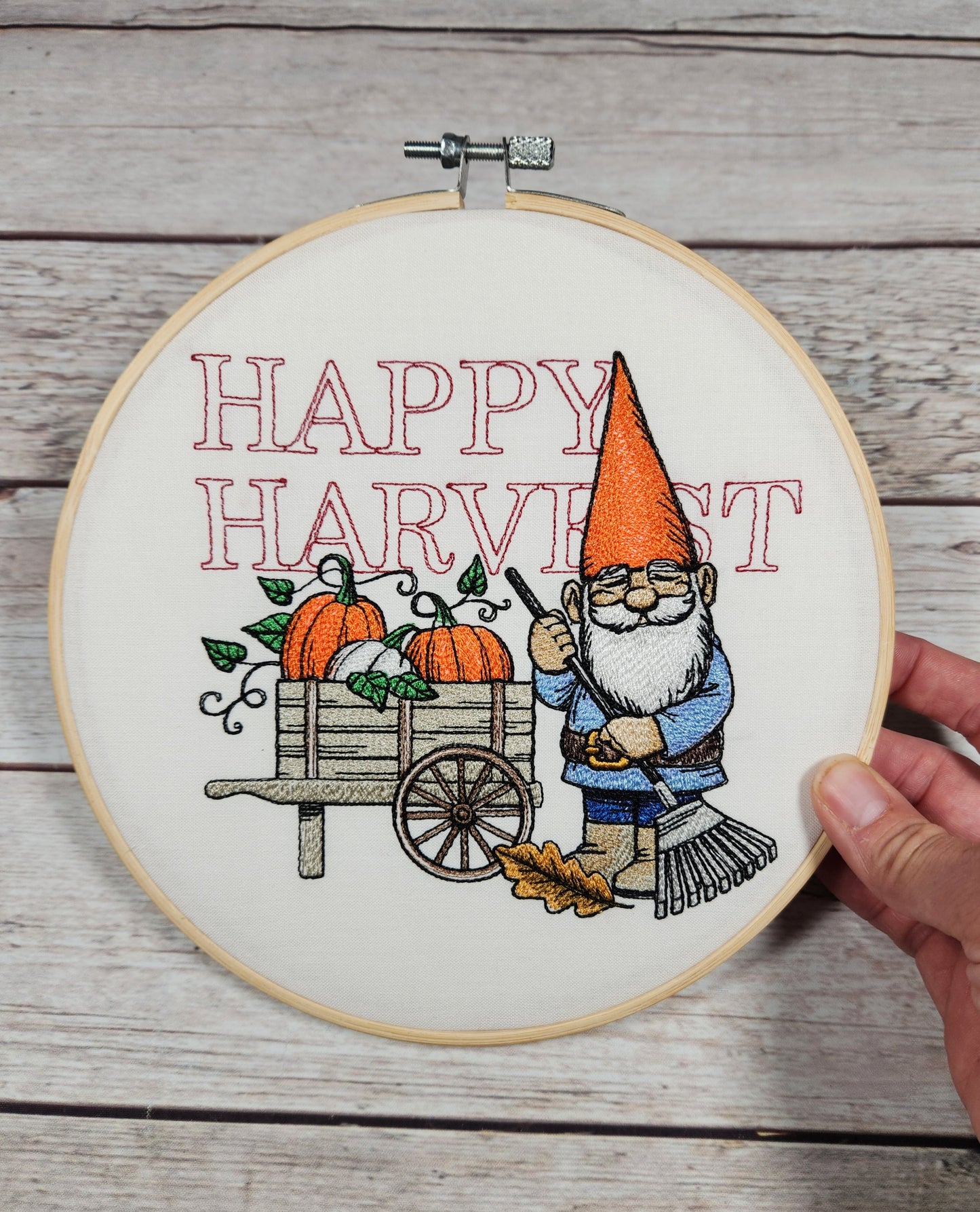 Finished Embroidery, Fall Decor, Embroidered hoop art, Gnome Wall Art