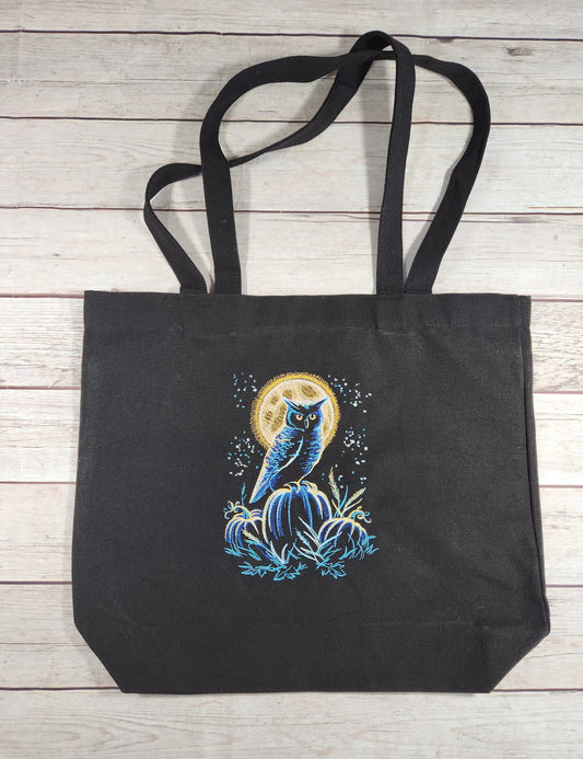 Owl Tote Bag, Fall Embroidered Canvas Bag, Halloween Decor, Book Bag