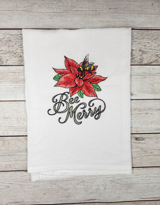 Bee Christmas Dish Towel, Embroidered Dish Towel, Flour Sack Tea Towel, Kitchen Tea Towel, Bee Merry