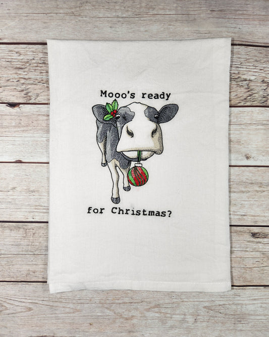 Funny Christmas Cow Dish Towel, Embroidered Dish Towel, Flour Sack Tea Towel, Kitchen Tea Towel