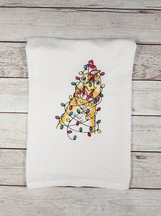 Funny Christmas Chicken Dish Towel, Embroidered Dish Towel, Flour Sack Tea Towel, Kitchen Tea Towel