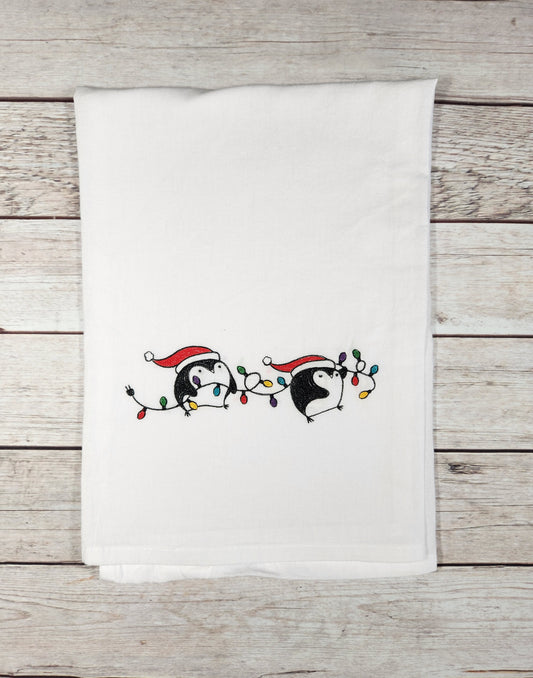 Penguin Dish Towel, Embroidered Dish Towel, Penguin Decor, Flour Sack Tea Towel, Kitchen Tea Towel