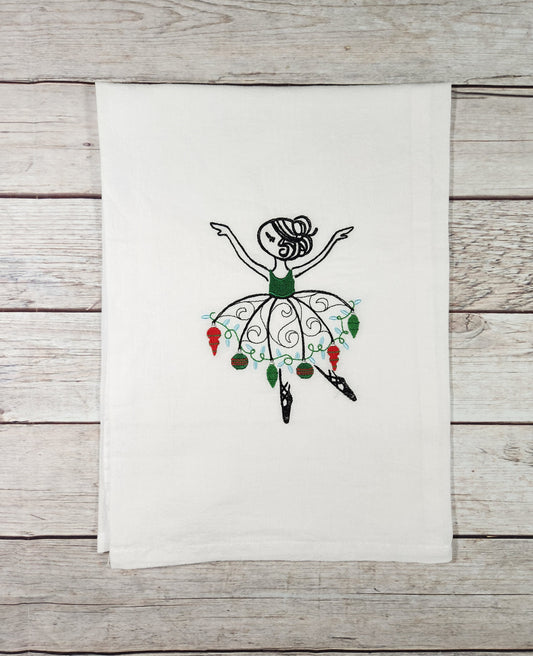 Christmas Dish Towel, Embroidered Dish Towel, Flour Sack Tea Towel, Kitchen Tea Towel, Ballerina Towel