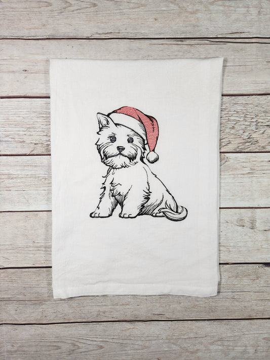 Dog Christmas Dish Towel, Embroidered Dish Towel, Flour Sack Tea Towel, Kitchen Tea Towel, Christmas Dog